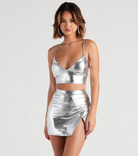 Metallic mini skirt and crop top